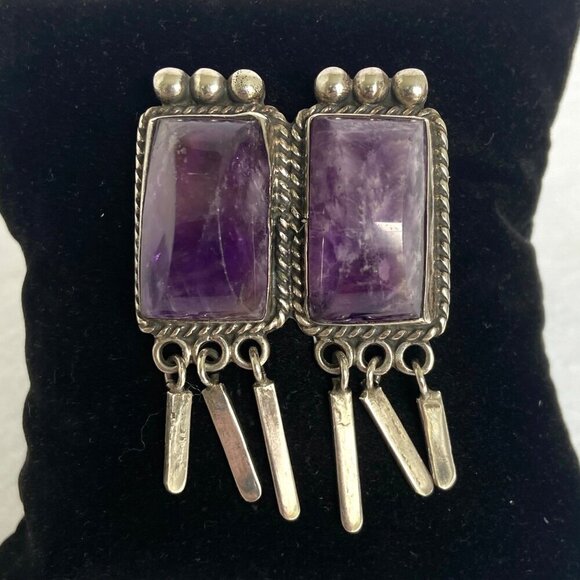 VTG Sterling Silver 925 Mexico Bezel Set Loaf Faceted Double Amethyst Brooch - Picture 12 of 16
